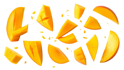 Sliced tropical mango pieces on a black backdrop