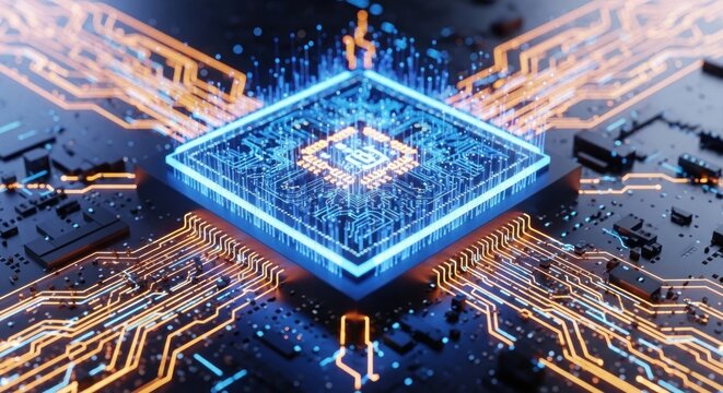 A futuristic computer chip with a blue and orange circuit board design. - Powered by Adobe