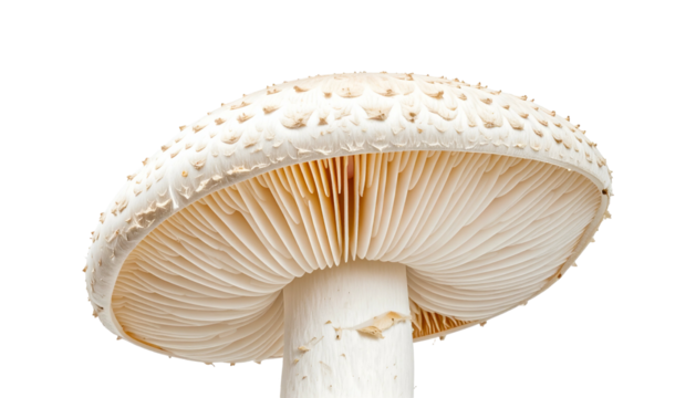 Underside view of a mushroom, showing gills and stem
