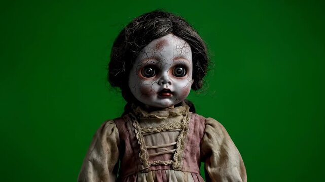 A vintage creepy doll slowly turns its head, staring forward with an eerie gaze, isolated on green screen vintage creepy doll, fear, staring forward