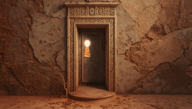 An ancient stone doorway carved into a cavern wall reveals a mysterious, glowing keyhole portal leading to an unknown world