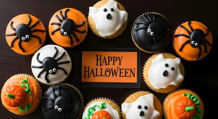 Halloween Cupcakes Decorated with Spiders, Ghosts, Pumpkins and Happy Halloween Sign