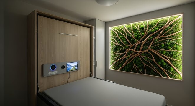 Modern bedroom featuring a murphy bed and a living moss wall.