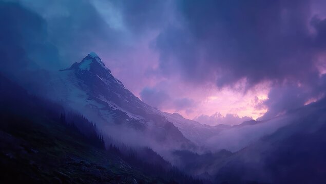 Majestic mountain peak bathed in vibrant sunset hues, shrouded in misty clouds