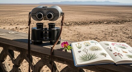 Binoculars and a field guide rest on a railing overlooking a barren landscape.