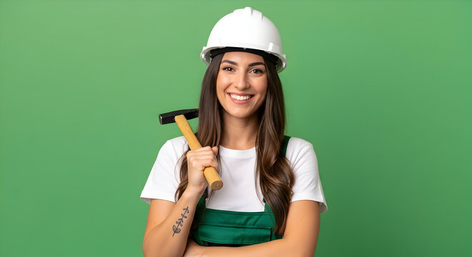 Confident Female Construction Worker Portrait Smiling on Green Background Professional Hardhat and Hammer Skilled Trades Building Industry Occupation and Equality Concept