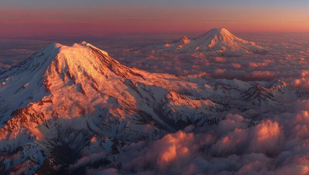 Aerial view of snow-capped mountains at sunset, bathed in warm light - Powered by Adobe
