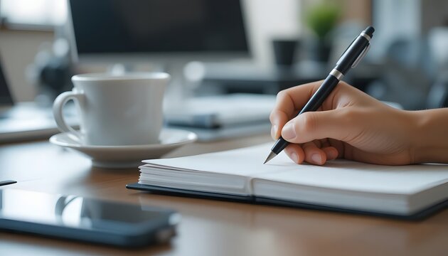 hand writing in notebook with pen next to coffee cup and smartphone on desk - Powered by Adobe