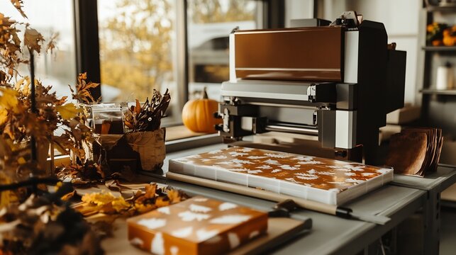 Packaging machine in a Thanksgiving inspired setup wrapping products in warm toned packaging with leaf designs surrounded by fall decor representing a cozy holiday theme