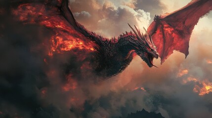 Dragon with red and black scales flying through a sky filled with smoke