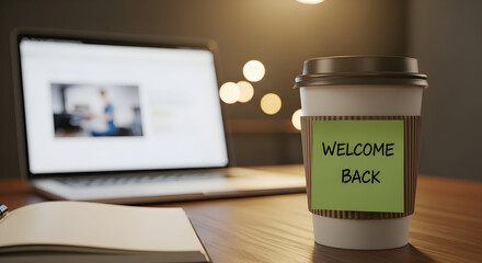 Welcome Back to the Office Productive Workspace Ready for Employees Coffee Laptop and Positive Vibes Creating a Motivating Work Environment for Returning Staff