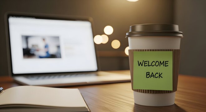 Welcome Back to the Office Productive Workspace Ready for Employees Coffee Laptop and Positive Vibes Creating a Motivating Work Environment for Returning Staff