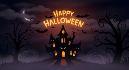Happy Halloween Illustration with Spooky House, Moon, Dark Forest, and Flying Bats