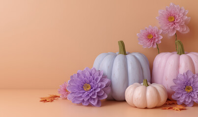 Minimal trendy thanksgiving halloween background, banner with pastel pumpkins with copy space. Autumn holidays decoration arrangement with pastel pumpkins and flowers. Copy space for text. Banner.