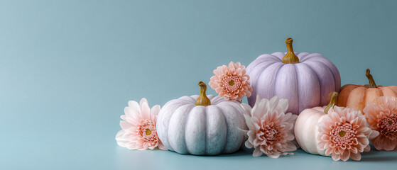 Minimal trendy thanksgiving halloween background, banner with pastel pumpkins with copy space. Autumn holidays decoration arrangement with pastel pumpkins and flowers. Copy space for text. Banner.