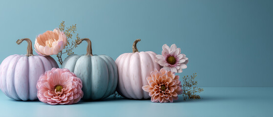 Minimal trendy thanksgiving halloween background, banner with pastel pumpkins with copy space. Autumn holidays decoration arrangement with pastel pumpkins and flowers. Copy space for text. Banner.