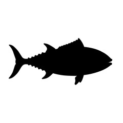 Black silhouette of tuna fish isolated on white background, perfect for logo design, label, or marine life graphic illustration in clean vector style