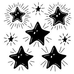 Doodle chalk stars. Hand drawn black sketch stars, sparkles, shining bursts with grunge charcoal texture. Pencil comets and meteors. Childlike messy ink doodles. Isolated vector set