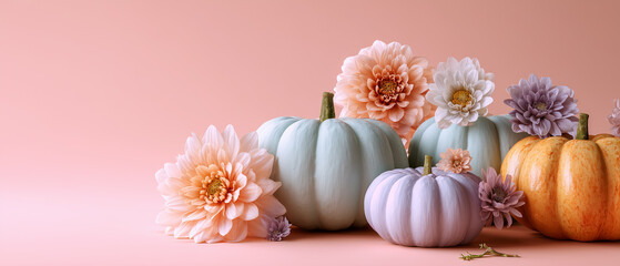 Minimal trendy thanksgiving halloween background, banner with pastel pumpkins with copy space. Autumn holidays decoration arrangement with pastel pumpkins and flowers. Copy space for text. Banner.