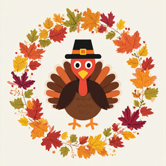 A cute cartoon turkey wearing an orange and black hat, surrounded by colorful autumn leaves in the shape of a wreath. Simple design with bold lines and solid colors. Thanksgiving Day.