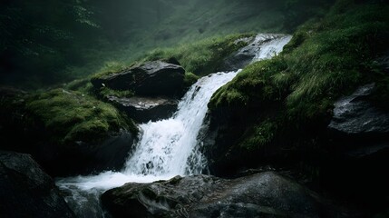 Fototapeta premium A lush waterfall cascades over mossy rocks in a serene green wilderness