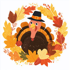 A cute cartoon turkey wearing an orange and black hat, surrounded by colorful autumn leaves in the shape of a wreath. Simple design with bold lines and solid colors. Thanksgiving Day.