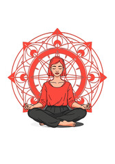 Flat Vector Woman Meditating With Spiritual Mandala Background