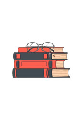 Flat Vector Illustration of Stacked Books and Reading Glasses