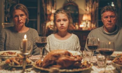 Traditional family sitting around a Thanksgiving table, expressions convey a darkness and worry of war.