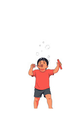 Cute Flat Vector Illustration of a Child Blowing Bubbles