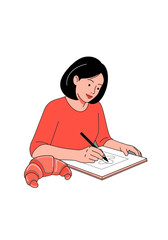 Creative Woman Drawing Flat Vector Illustration With Croissant