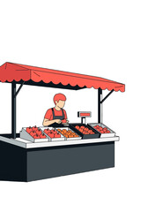 Flat Vector Illustration of a Vendor at a Fruit Stand