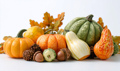 Fall Harvest Displays on a white background, isolated and clearly visible, focusing on its details and characteristics. Thanksgiving Day.