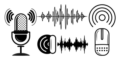 Podcast sound waves. Audio waveforms line icons, sound wave frequency or voice microphone signals. Music, podcast and broadcast, UI and audio branding design. Isolated vector set