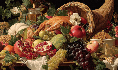 A classic cornucopia overflowing with fruit and fine foods. Thanksgiving Day. 