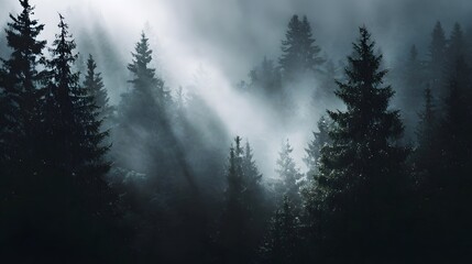 Obraz premium Misty pine forest with dramatic sunbeams piercing through the dense fog creating a moody and mysterious atmosphere