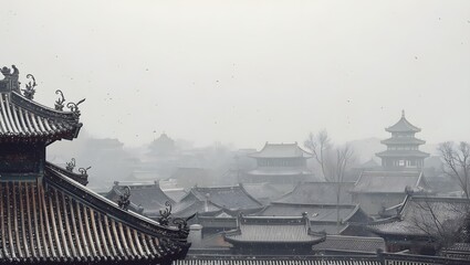 Snow falling on ancient Chinese temples
