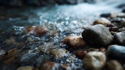Obraz premium Close up of clear stream water flowing over smooth colorful pebbles in natural light