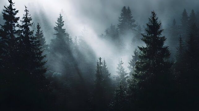 Misty pine forest with dramatic sunbeams piercing through the dense fog creating a moody and mysterious atmosphere