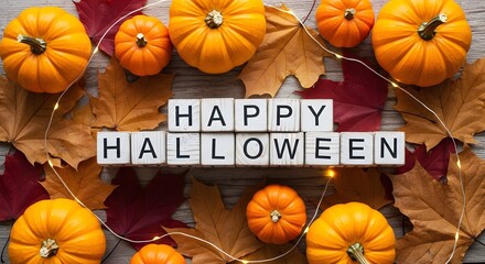 Happy Halloween Blocks with Pumpkins and Autumn Leaves Flat Lay