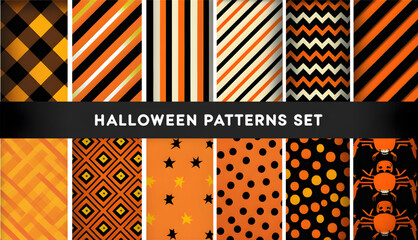Halloween Patterns Set – Orange and Black Geometric, Striped, and Polka Dot Background Designs