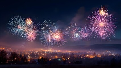 Vibrant fireworks burst across the night sky above a town, with glowing streetlights and distant hills. Concept Fireworks, Night Sky, Town Lights, Streetlights, Distant Hills