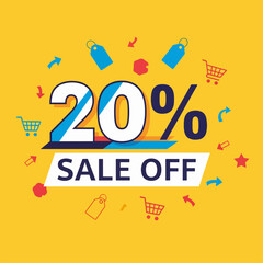 20% Off Promotion with bold white and purple 3D text, surrounded by dynamic lightning shapes, set on a vibrant gradient blue to purple background. Perfect for sale events.