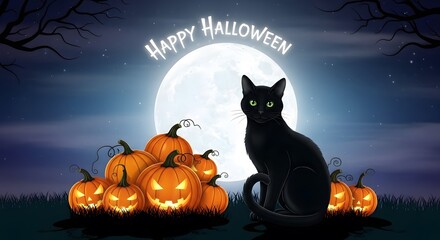 Happy Halloween Night Scene with Black Cat, Jack O'Lanterns, and Full Moon