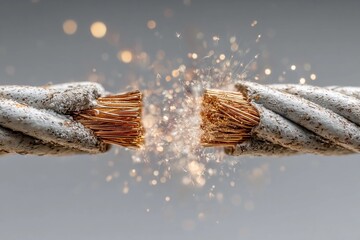 Macro close-up of two severed electrical cables with exposed copper conductors arcing and throwing sparks. High detail, shallow depth of field, grey background. Concept of short circuit, power failure