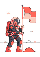 Flat Astronaut Planting Red White Flag in Space