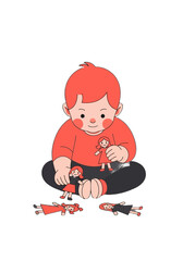Cute Flat Vector Illustration of Child Playing With Dolls