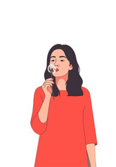 Young Woman Blowing Dandelion Seeds Flat Vector Illustration