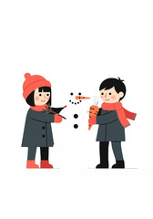 Cute Flat Vector Illustration of Kids Building Snowman