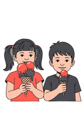 Cute Cartoon Children Eating Ice Cream Cones